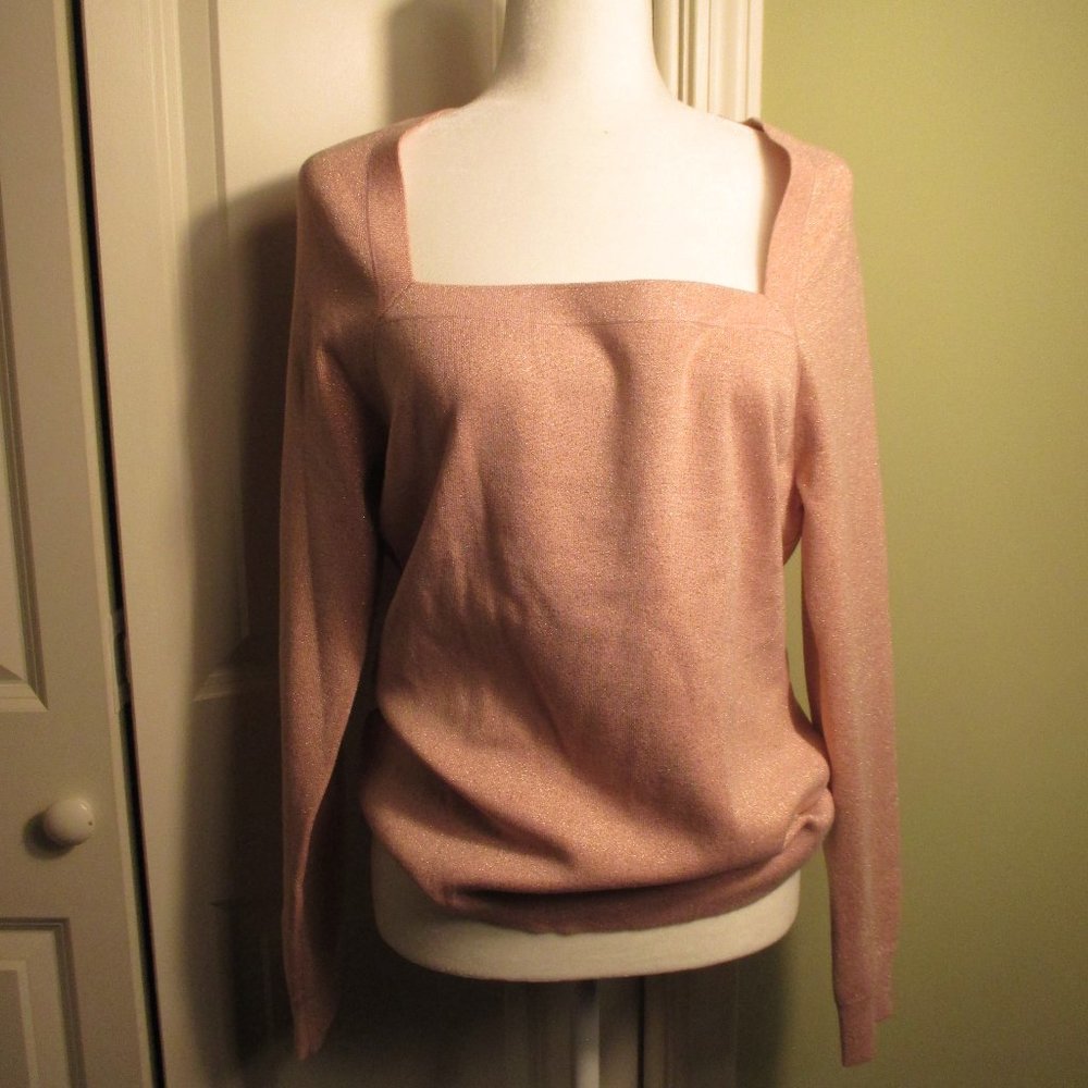 NWT WHBM Square Neck Metallic Pink Sweater L